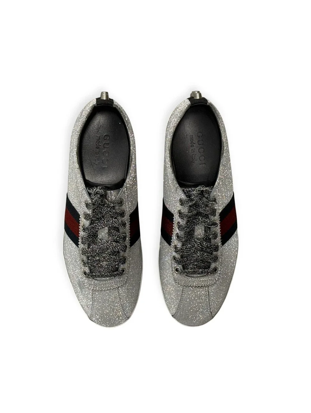 Size 7G (8US) Gucci Silver Glitter Leather Bambi Web Mens